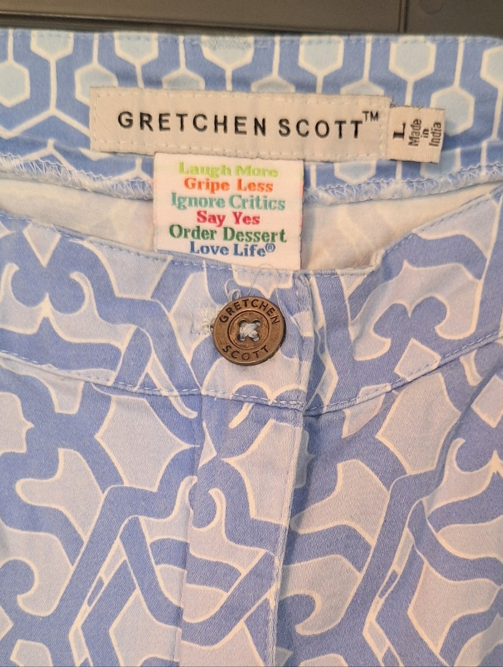 Gretchen Scott Gripe Less Blue Geo Print Crop Pants Sz Large - Picture 4 of 6